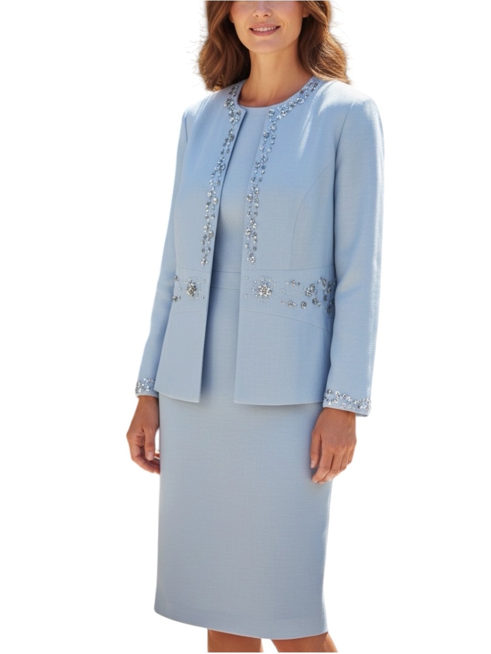 Coldwater Creek Powder Blue Linen Blend Embellished Dress and Jacket - Size 16